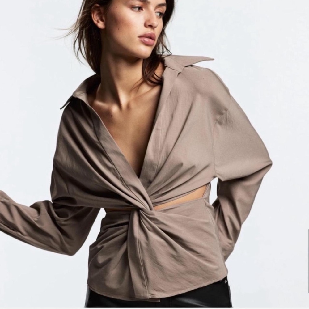 Zara Twist Front Blouse Open Side Taupe
